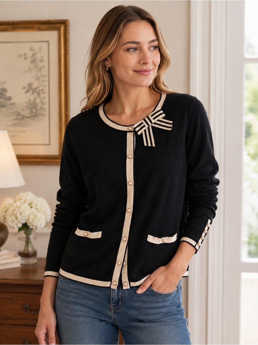 Talbots Women’s X 12/14 Cardigan Sweater Pearl Buttons Removable Bow Preppy